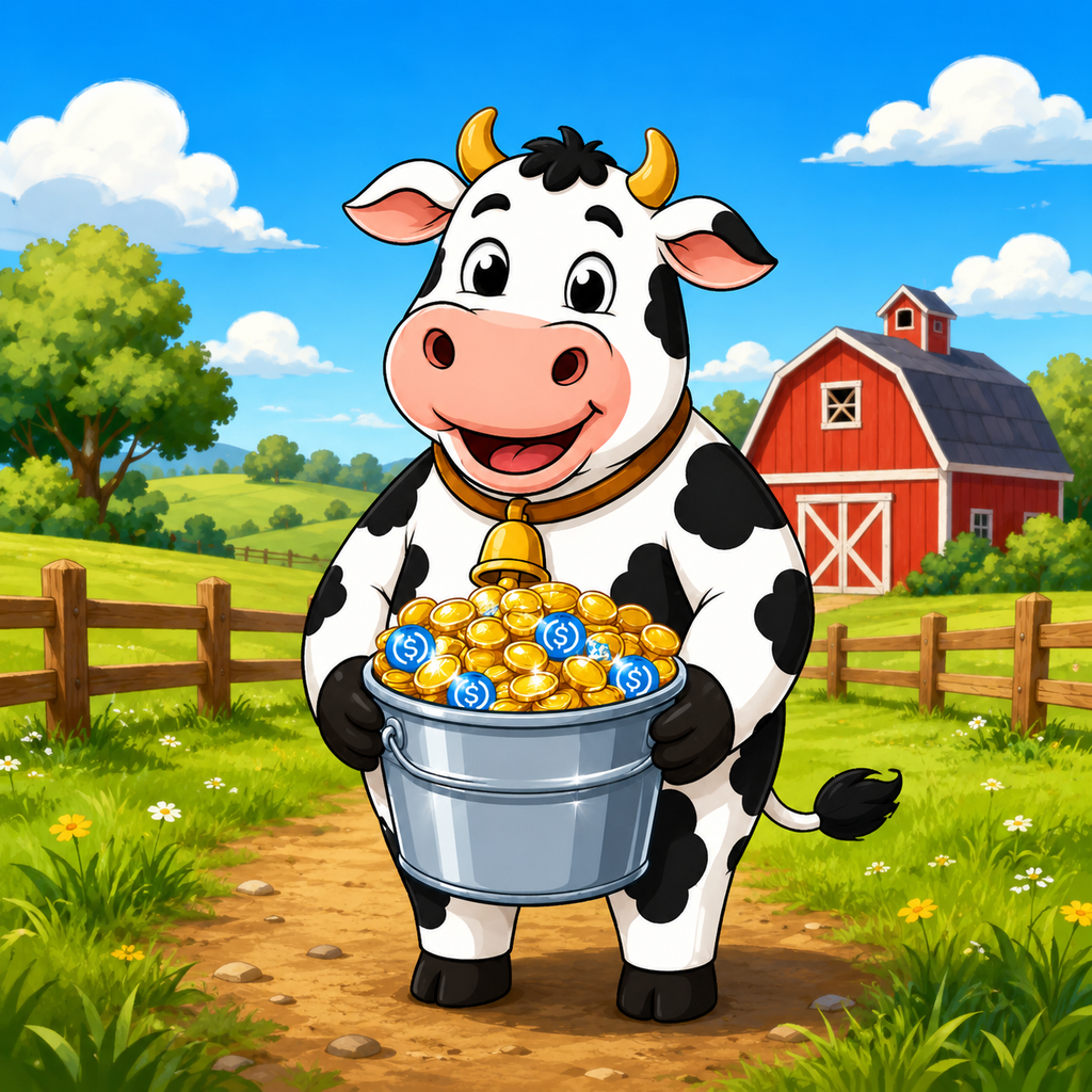 CashCow holding a pail of rewards in the pasture